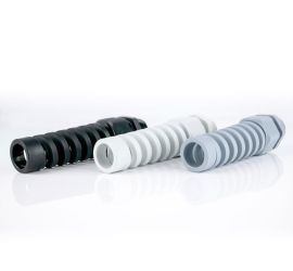 Drie Polyamide PA6 V-2 Jacob spiraal kabelwartels (metrisch) in grijs, wit en zwart, op een witte achtergrond.
