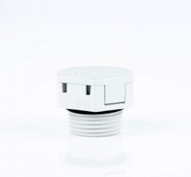 Een lichtgrijs Jacob kunststof drukverschil ventiel, met metrisch schroefdraad, op een witte achtergrond.