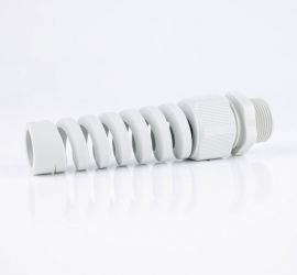 Een lichtgrijze Jacob kunststof spiraal kabelwartel, met metrisch schroefdraad, op een witte achtergrond.