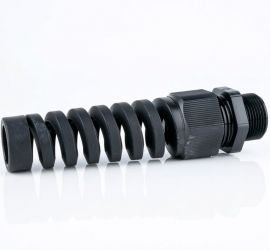 Een zwarte Jacob kunststof spiraal kabelwartel, met metrisch schroefdraad, op een witte achtergrond.