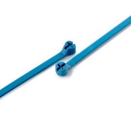 Twee blauwe detecteerbare Ty-Rap® kunststof kabelbinders met metaalpigmenten.