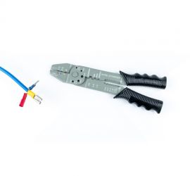 A crimping tool for crimp terminals with black grip, for use with insulated crimp terminals of 0,5-6mm², on a white background.